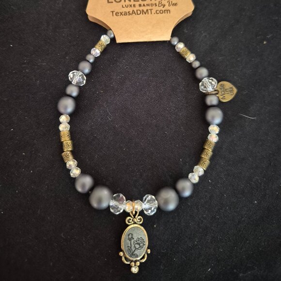 LoneStar Luxe Beaded Hat Accessory – Crystal & Matte Beads, Vintage Rose Charm - Picture 3 of 4